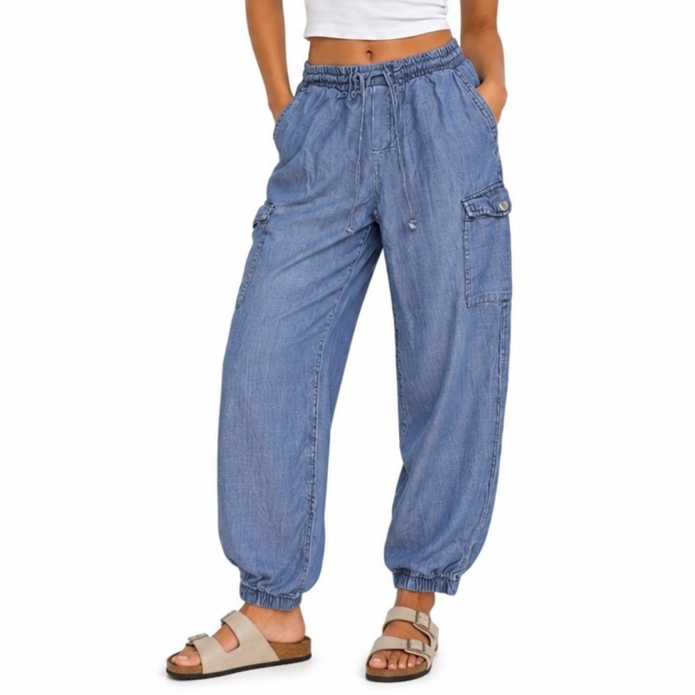 Catherine Malandrino Cargo Joggers Women M Blue Tencel Chambray Utility Pants